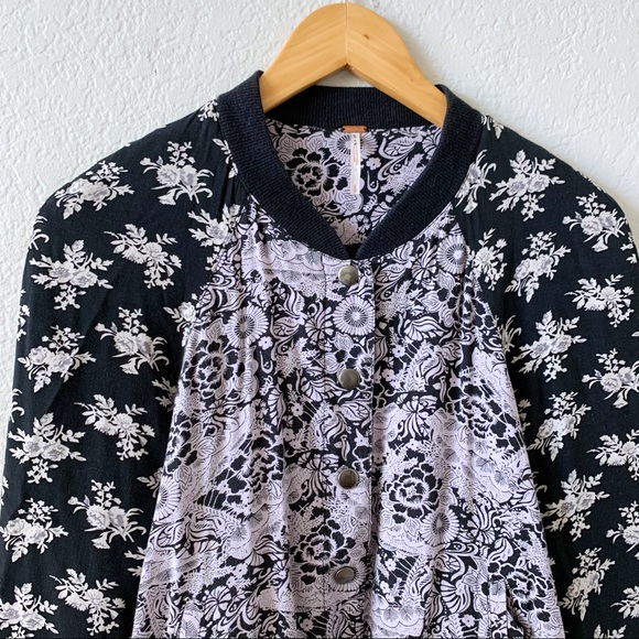 FREE PEOPLE Black Floral Snap Bomber Jacket S - Picture 6 of 13